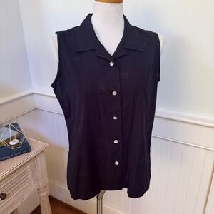 OP Sport Womens Black Sleeveless Embroidered Floral Camp Button Down Shirt M